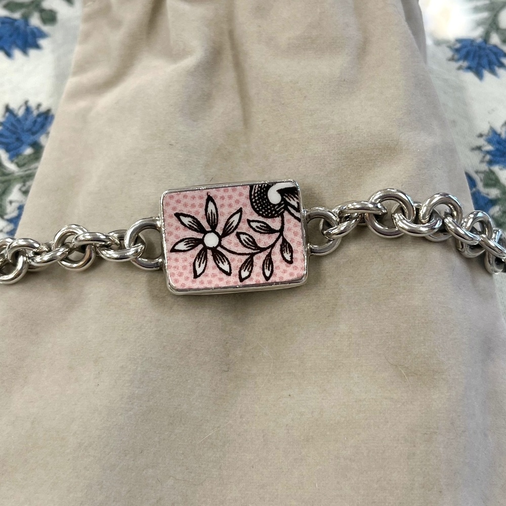Sterling Silver Link Bracelet with Center Made From Piece of Old China Plate